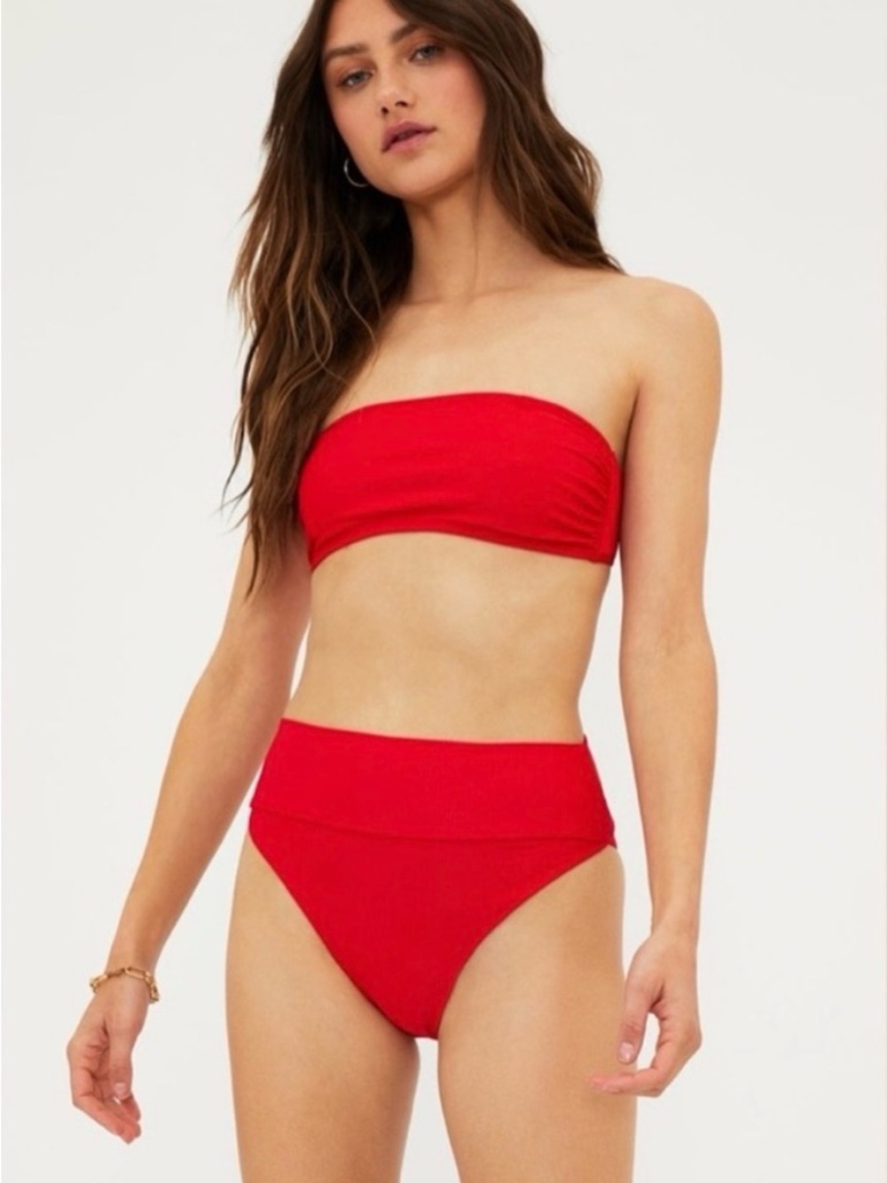 Beach Riot 2pc Bikini: Kelsey Bandeau Top & Highway High Waist Bottom Red Ribbed - Picture 10 of 12